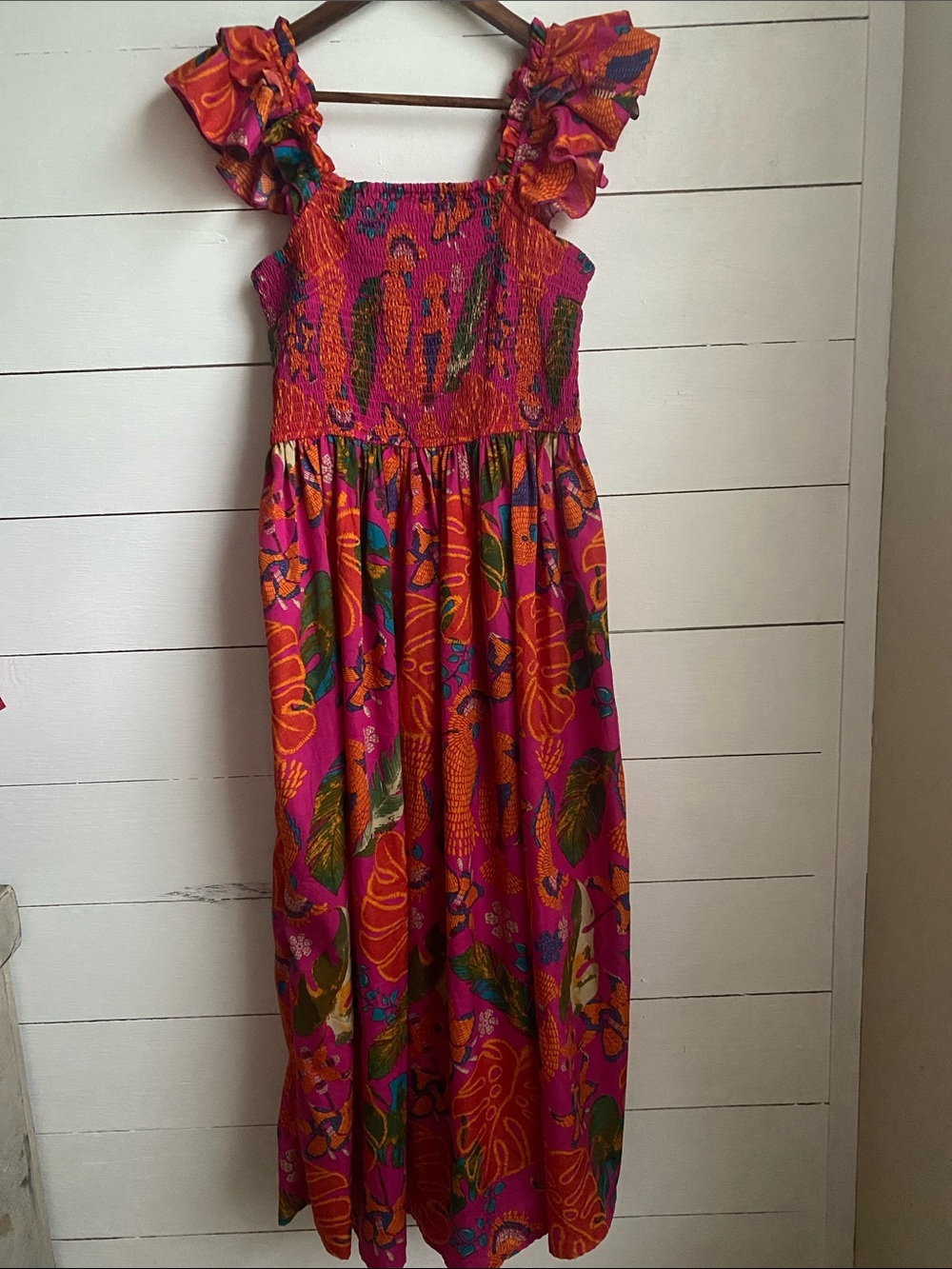 Live 4 Truth Pink and Orange Tropical Print Ruffle Strap Dress